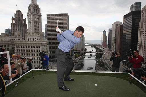 The Spaniard marked the "Year Out" countdown to the Ryder Cup by thumping golf balls from the 16th floor of a skyscraper in Chicago, host city of September's biennial event