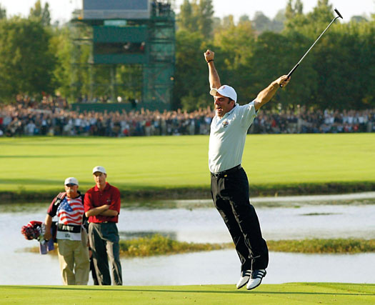 McGinley celebrates his crucial singles victory over Jim Furyk at The Belfry