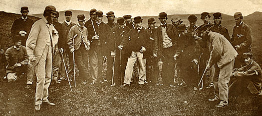 One of the grand matches that took place between Park (far left) and Tom Morris (putting)
