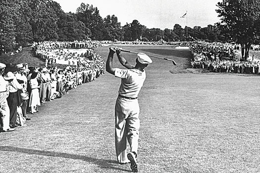 Hogan ripping his 1-iron to the heart of the green at the last hole of regulation play in 1950