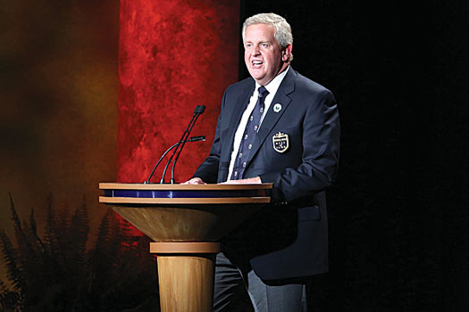 Colin Montgomerie making his acceptance speech into the World Golf Hall of Fame