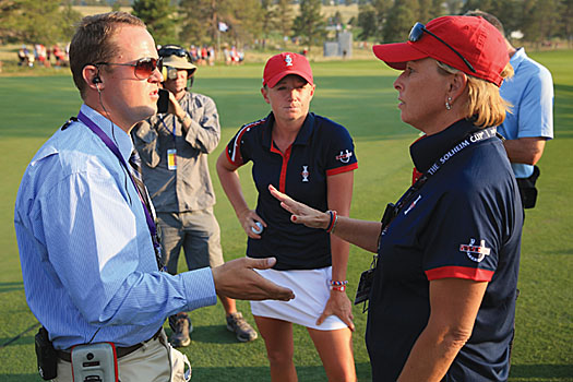 Dottie Pepper in a heated discussion with a referee at this year's Solheim Cup