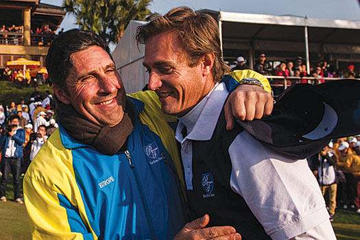 José María Olazábal congratulates Nicolas Colsaerts on the final day