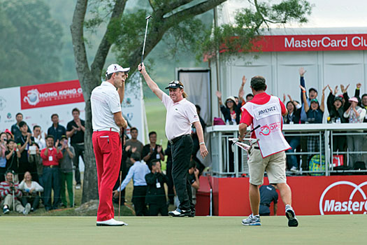 Moments after holing the winning putt to defeat Stuart Manley and Prom Meesawat