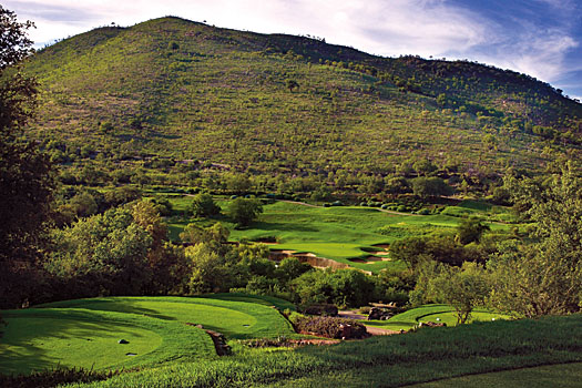 The par-3 13th at Lost City Country Club has a green shaped like the continent of Africa