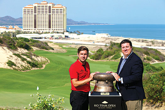 European Tour Pro Robert Rock and The Bluffs’ General Manager Ben Styles pose with the Ho Tram Open trophy