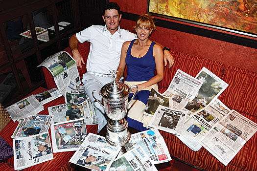 Justin and his wife, Kate, enjoy the Monday papers after his 2013 US Open victory at Merion