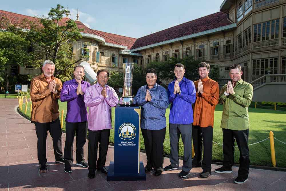 Darren Clarke, Sergio Garcia, Thongchai Jaidee, Kiradech Aphibarnrat, Martin Kaymer, Bubba Watson and Lee Westwood at Vimanmek Mansion in Bangkok