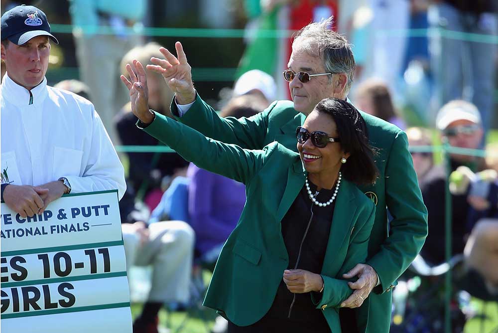 Condoleezza Rice, former Secretary of State and current Augusta National Member, and Billy Payne, Chairman of Augusta National Golf Club, are pictured together during the Drive, Chip and Putt Championship