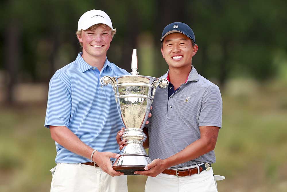 Frankie Capan (left) and Ben Wong with the trophy at the end of match play at the 2017 U.S. Amateur Four-Ball