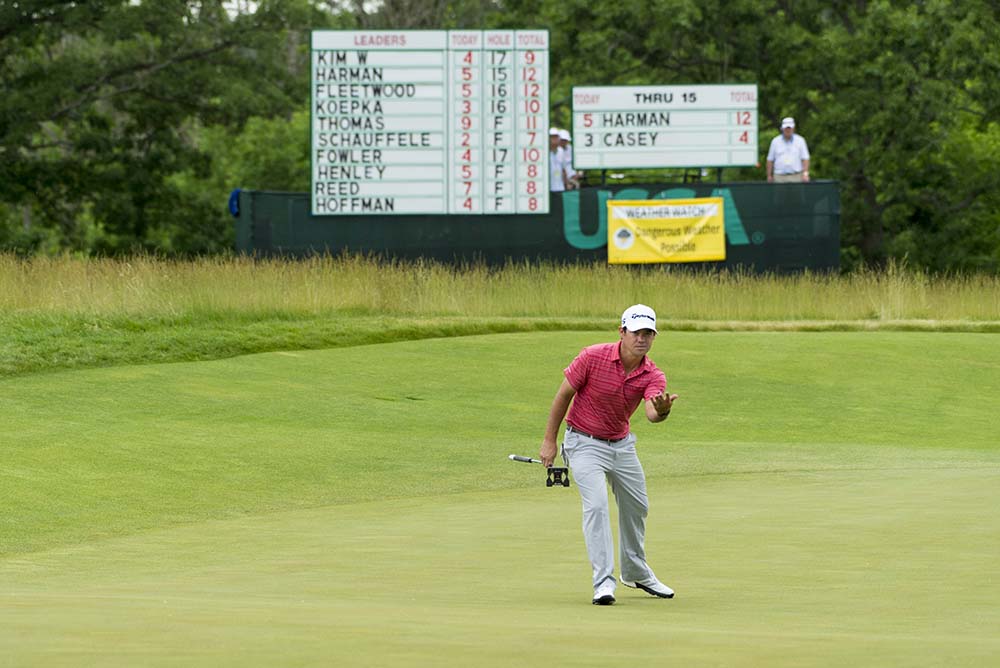 Brian Harman reacts to a missed birdie putt on the 16th during the third round