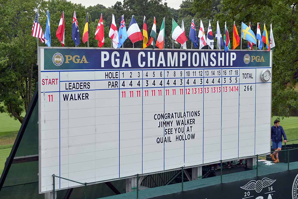 A note on the leaderboard congratulates Jimmy Walker on winning the 2016 PGA Championship