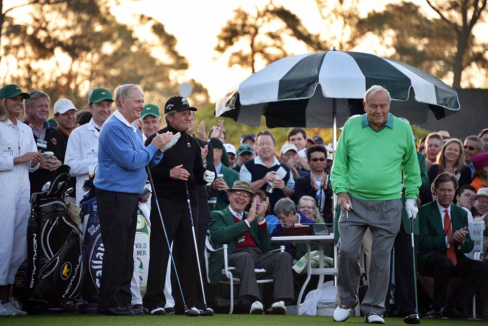 Arnold Palmer, Jack Nicklaus and Gary Player prepare to tee off