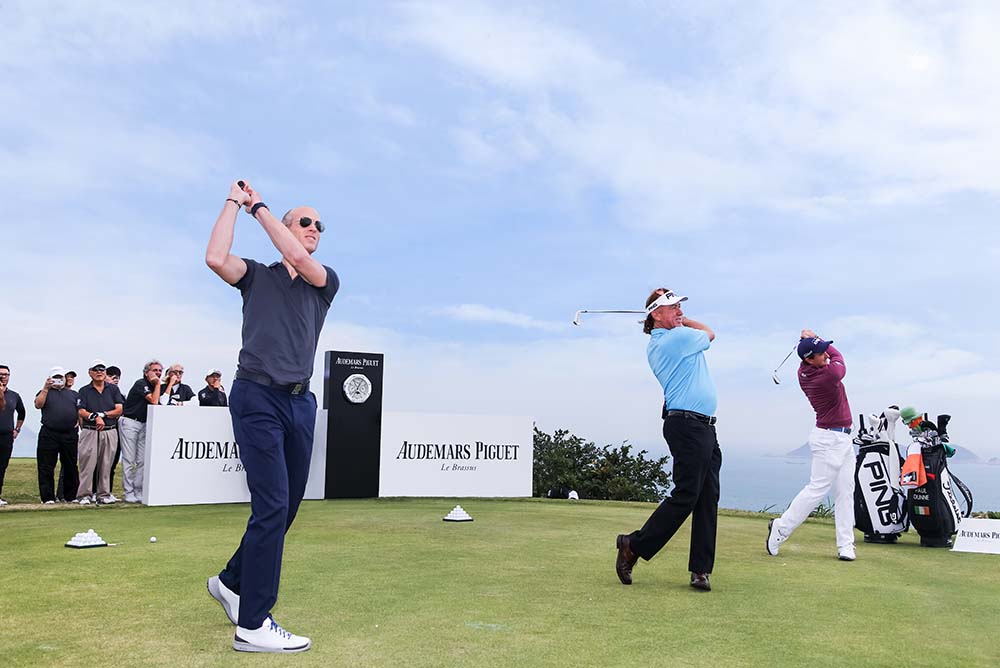 The ambassadors kick-start the event by hitting the opening drives with von Gunten (left) together