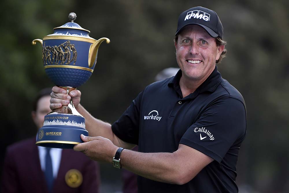 Phil Mickelson holds his trophy after winning the WGC-Mexico Championship in early March