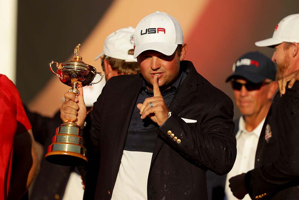 Patrick Reed gestures to the crowd during the 2016 Ryder Cup