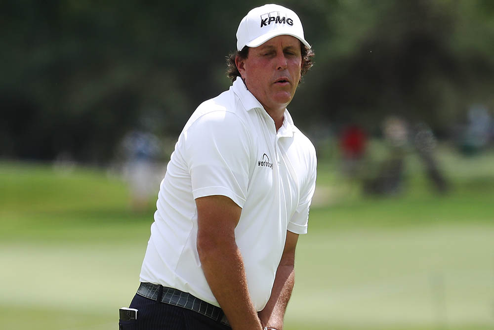 Phil Mickelson reacts during round one of A Military Tribute at The Greenbrier