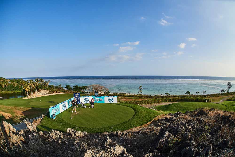 Pros teeing off against the backdrop of one of the most scenic venues in the world