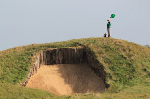 A view of the massive bunker that players face as they tee off the fourth at Royal St. George's